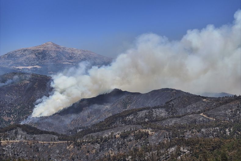 El humo se eleva de un incendio en la localidad de Rabia, en Latakia, Siria, el sábado 12 de julio de 2025. (AP Foto/Ghaith Alsayed)