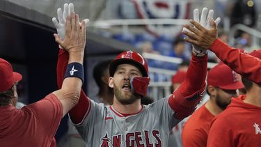 Taylor Ward (3) es felicitado por sus compañeros tras batear un jonrón para los Angelinos de Los Ángeles ante los Marlins de Miami, el miércoles 3 de abril de 2024. (AP Foto/Marta Lavandier)