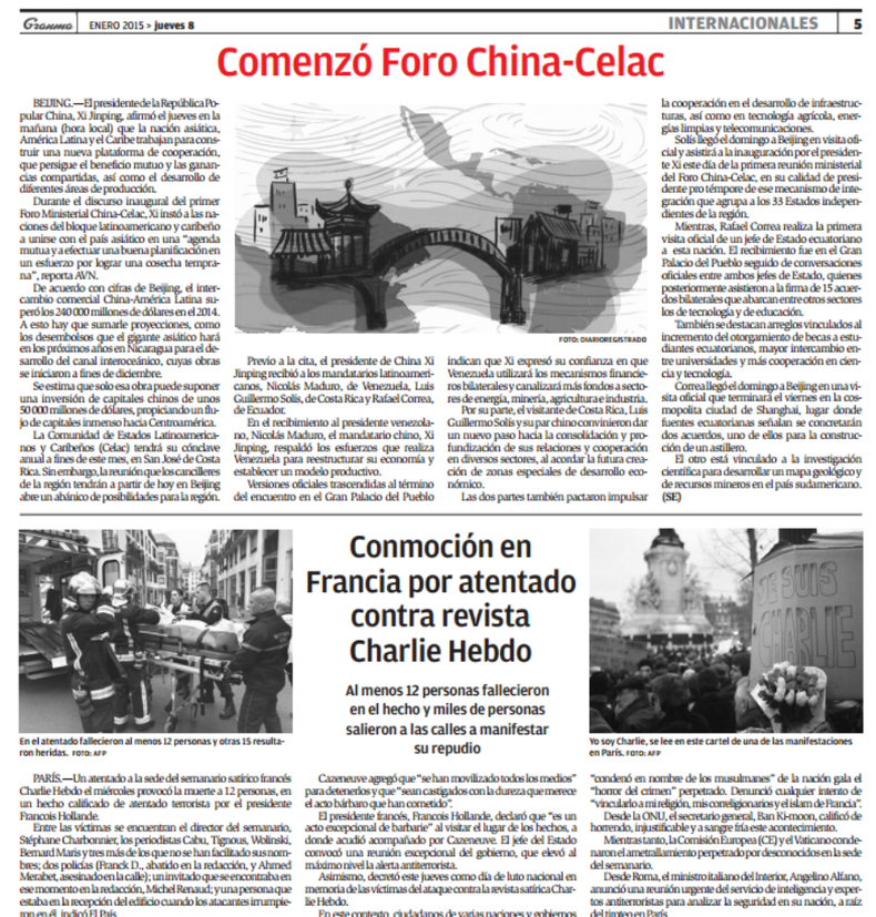 El sucedo mediático del día aparece en la página 5 del Granma por debajo del foro China-CELAC.