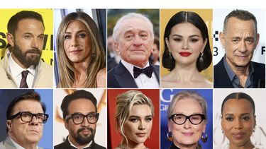 Esta combinación de fotografías muestra a celebridades, en la fila superior de izquierda a derecha: Ben Affleck, Jennifer Aniston, Robert De Niro, Selena Gomez, Tom Hanks, en la fila inferior de izquierda a derecha: Nathan Lane, Lin-Manuel Miranda, Florence Pugh, Meryl Streep y Kerry Washington. (Foto AP)