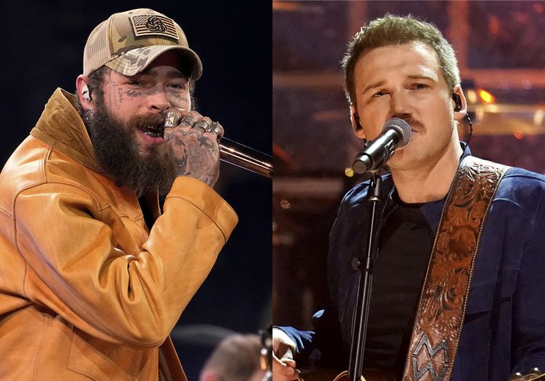 Post Malone se presenta en la 57a edición anual de los premios CMA el 8 de noviembre de 2023, en Nashville, Tennessee, izquierda, y Morgan Wallen se presenta en la 57a edición anual de los premios CMA el 8 de noviembre de 2023, en Nashville, Tennessee. (Foto AP)