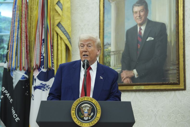 El presidente estadounidense Donald Trump en una ceremonia en la Casa Blanca en Washington el 28 de mayo del 2025. (AP foto/Evan Vucci)