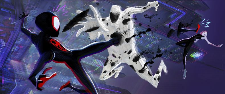 En esta imagen proporcionada por Sony Pictures Animation, Miles Morales como Spider-Man, con la voz de Shameik Moore, de izquierda a derecha, The Spot, con la voz de Jason Schwartzman, y Spider-Gwen, con la voz de Hailee Steinfeld, en una escena de la película de Columbia Pictures y Sony Pictures Animation Spider-Man: Across the Spider-Verse. (Sony Pictures Animation vía AP)