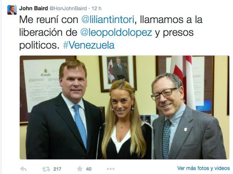 John Baird, Ministro de Relaciones Exteriores de Canadá, tras un encuentro con Lilian Tintori, esposa del líder político venezolano Leopoldo López, pidió a Venezuela respetar las resoluciones de la ONU que instan la liberación inmediata de López y Daniel