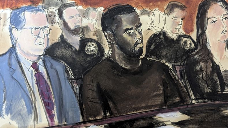 En este boceto de la sala del tribunal, Sean Combs, en el centro, está flanqueado por su abogado defensor Marc Agnifilo, a la izquierda, y Teny Garagos, en el Tribunal Federal de Manhattan, el martes 17 de septiembre de 2024, en Nueva York.(Elizabeth Williams vía AP)