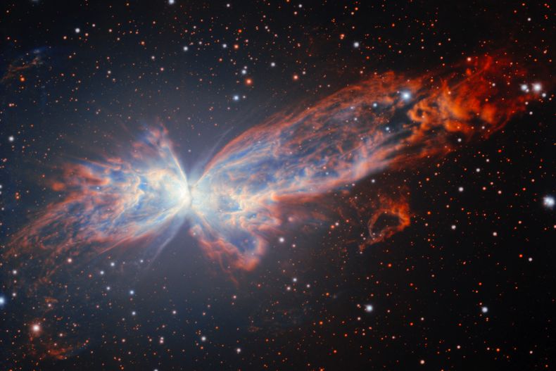 Esta imagen proporcionada por NSF NOIRLab muestra NGC 6302, una nebulosa planetaria que se asemeja a una mariposa. (NSF NOIRLab vía AP)