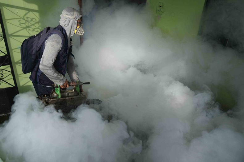 Un trabajador de la salud fumiga mosquitos dentro de una casa para ayudar a mitigar la propagación del dengue en el área de Las Peñitas de Talara, Perú, el 1 de marzo de 2024. (Foto AP/Martín Mejía, Archivo)