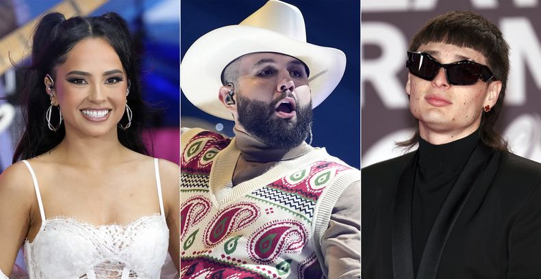 En esta combinación de fotografías, Becky G en Today de NBC en Nueva York el 25 de agosto de 2023, izquierda, Carín León en los Latin AMAs en Los Angeles el 20 de abril de 2023, centro, y Peso Pluma en la 24a entrega anual del Latin Grammy en Sevilla, España, el 16 de noviembre de 2023. La música regional mexicana se ha convertido en un fenómeno global en los primeros puestos de las listas de popularidad, rompiendo récords en streaming y alcanzando nuevas audiencias más allá de sus fronteras. (Foto AP)