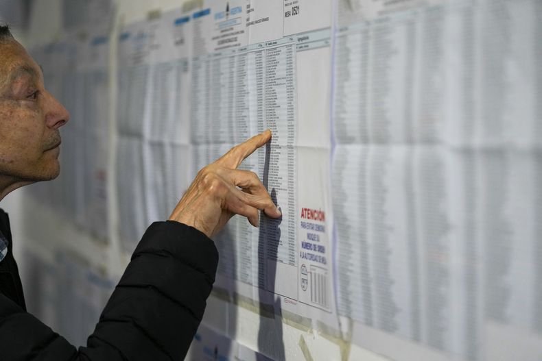 Votante mira las listas electorales durante la segunda vuelta presidencial entre Javier Milei y Sergio Massa en Buenos Aires, Argentina, el domingo 19 de noviembre de 2023. (Foto AP/Matías Delacroix)