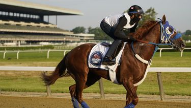 Il Miracolo entrena de cara al Belmont Stakes, la última fecha de la Triple Corona del hipismo, el viernes 9 de junio de 2023, en Belmont Park, en Elmont, Nueva York. (AP Foto/John Minchillo)