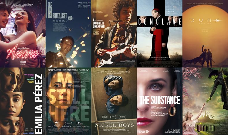 Esta combinación de imágenes muestra arte promocional de las 10 películas nominadas al Oscar a la mejor película, fila superior desde la izquierda, Anora, The Brutalist, A Complete Unknown, Conclave y Dune: Part Two, fila inferior desde la izquierda, Emilia Perez, “Ainda estou aquí”, The Nickel Boys, The Substance y Wicked. (Neon/A24/Searchlight Pictures/Focus Features/Warner Bros. Pictures/Netflix/Sony Pictures Classics/Amazon-MGM/Mubi/Universal Pictures via AP)