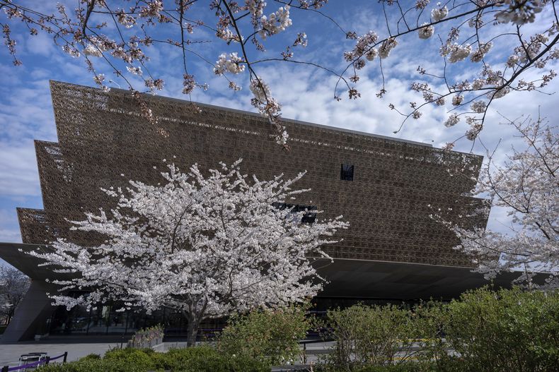 Esta imagen del viernes 28 de marzo de 2025 muestra el Museo Nacional de Historia y Cultura Afroestadounidense en el National Mall, en Washington. (AP Foto/Mark Schiefelbein)