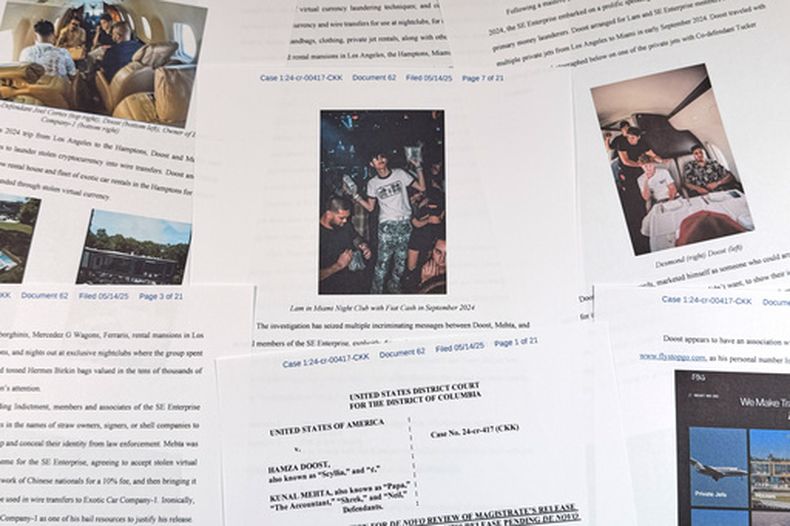 Imagen del documento judicial del Departamento de Justicia relativo al caso contra Hamza Doost y Kunal Mehta —que incluye una foto de Malone Lam— el viernes 4 de septiembre de 2026. (Foto AP/Jon Elswick)