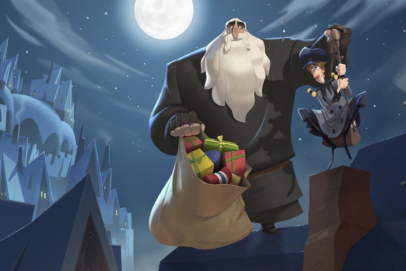 En esta imagen difundida por Netflix, el personaje de Klaus, con la voz de J.K. Simmons, izquierda, y Jesper, con la voz de Jason Schwartzman, en una escena de la película animada navideña Klaus.(Netflix vía AP)