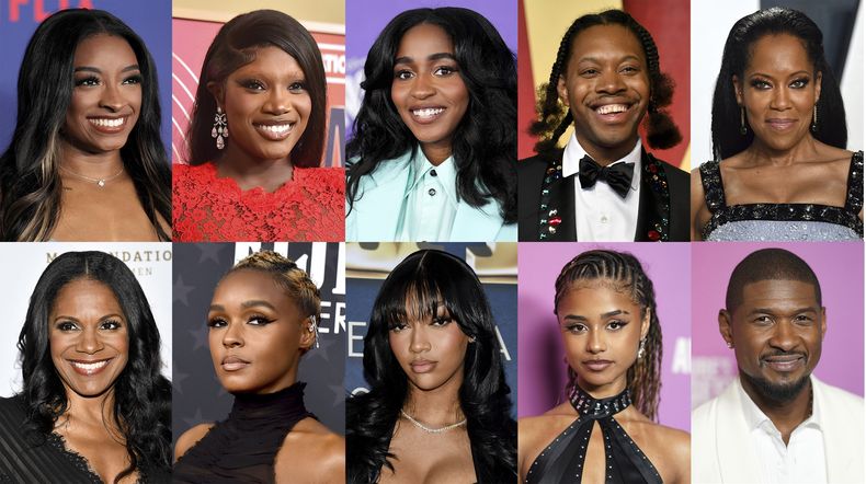 Esta combinación de fotos muestra, en la fila superior, de izquierda a derecha, a Simone Biles, Doechii, Ayo Edebiri, Jeremy O. Harris y Regina King, y en la fila inferior, de izquierda a derecha, a Audra McDonald, Janelle Monáe, Angel Reese, Tyla y Usher. (Foto AP)