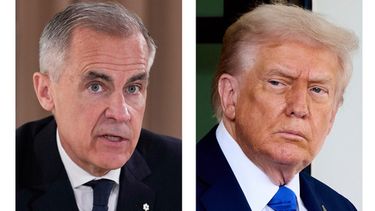 Esta combinación de imágenes muestra al primer ministro canadiense Mark Carney el 16 de junio de 2025 en Kananaskis, Canadá, a la izquierda, y al presidente estadounidense Donald Trump, el 7 de octubre de 2025, en Washington. (AP Foto/Mark Schiefelbein, izquierda, Jacquelyn Martin)