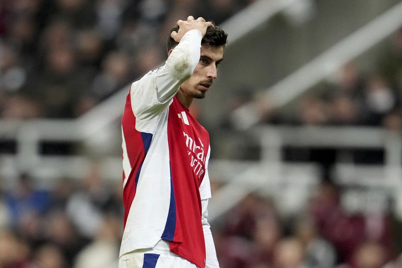 El delantero de Arsenal Kai Havertz durante el partido contra Newcastle en la Liga Premier, el miércoles 5 de febrero de 2025. (AP Foto/Jon Super)