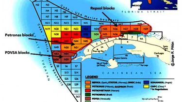 Bloques de concesiones petroleras de la plataforma cubana (en azul oscuro los otorgados a Sonagol)