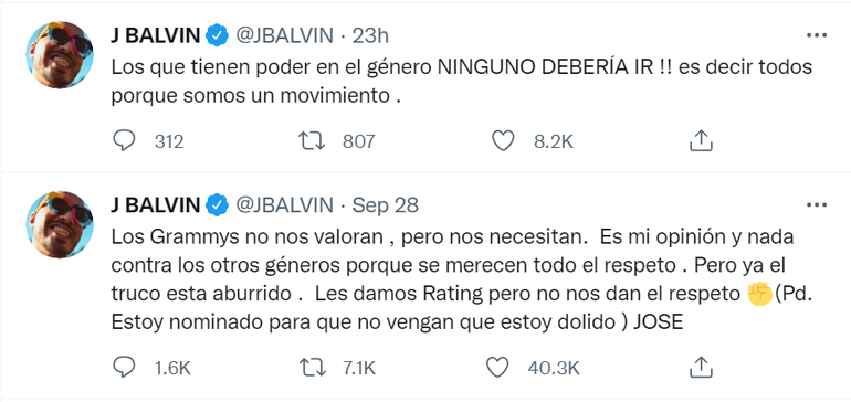 Tweet de J Balvin sobre los Latom Grammys 
