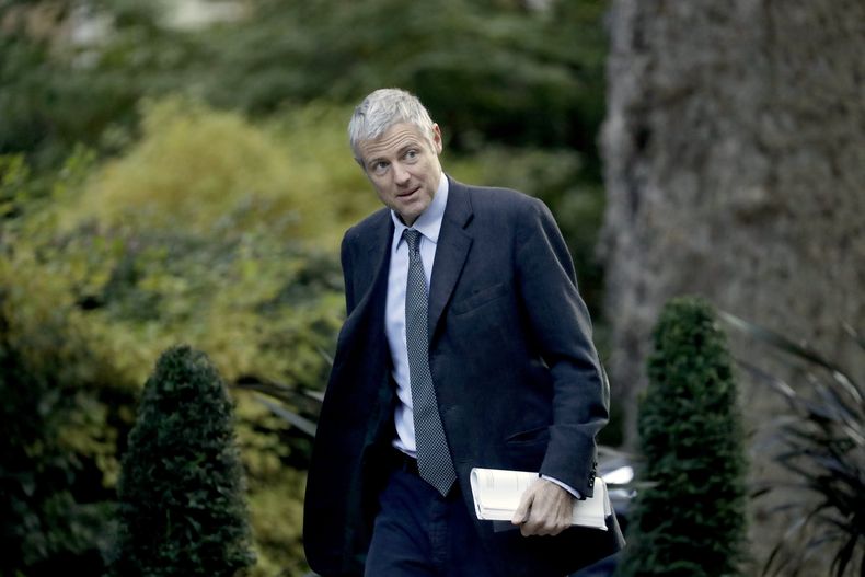 En esta imagen de archivo, el ministro británico de Medio Ambiente y Desarrollo Internacional, Zac Goldsmith, llega a una reunión en el 10 de Downing Street, la oficina del primer ministro, en Lonfres, el 22 de octubre de 2019. (AP Foto/Matt Dunham, archivo)