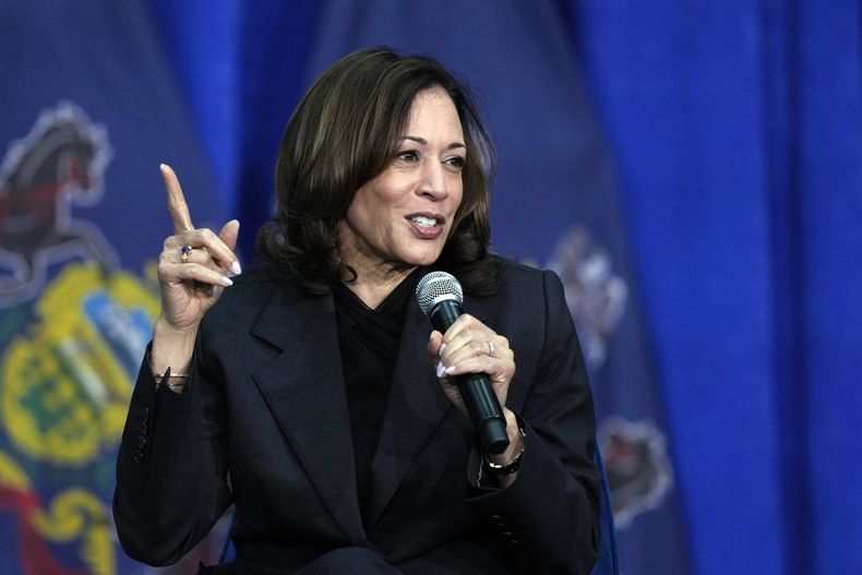 La vicepresidenta de EEUU Kamala Harris habla durante un acto de campaña en Elkins Park, Pensilvania, el miércoles 8 de mayo de 2024. (AP Foto/Matt Rourke)