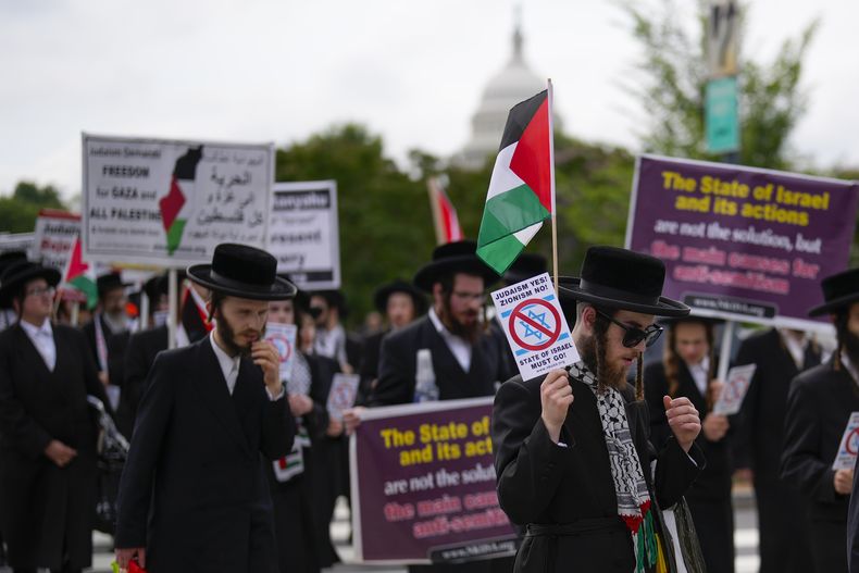 Manifestantes se reúnen cerca de la sede del Congreso de EEUU por la visita del primer ministro israelí, Benjamin Netanyahu, a Washington el 24 de julio de 2024. (Foto AP/Matt Slocum)