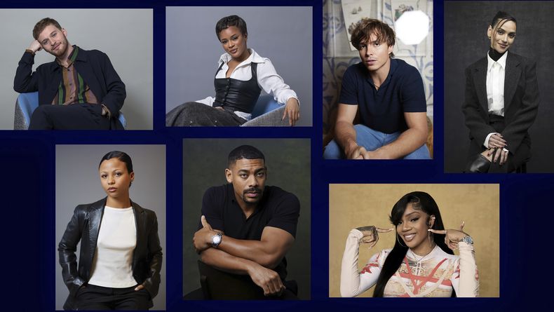 Esta combinación de fotografías muestra a los artistas revelación de 2024 de AP. Fred Hechinger, desde arriba a la izquierda, Maleah Joi Moon, Nicholas Alexander Chavez, Adria Arjona, Myhala, Aaron Pierre y Glorilla. (Foto AP)