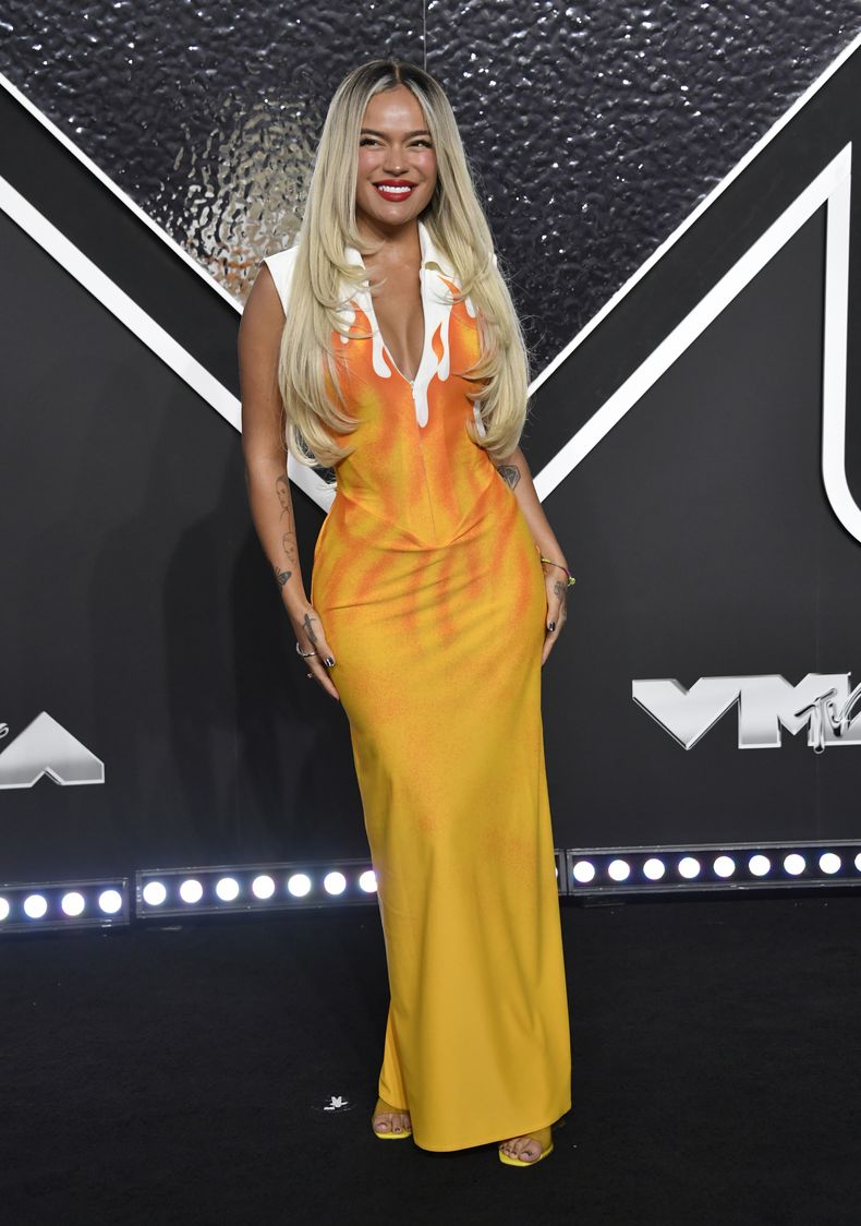 Karol G llega a los Premios MTV a los Videos Musicales el miércoles 11 de septiembre de 2024 en el UBS Arena de Elmont, Nueva York. (Foto Evan Agostini/Invision/AP)
