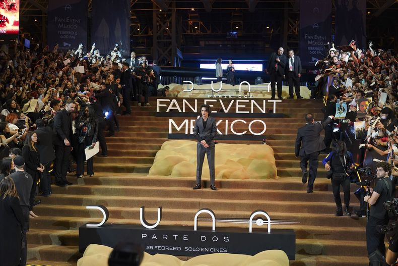 El actor Timothee Chalamet posa en la alfombra roja de la película Dune: Part Two, en la Ciudad de México el martes 6 de febrero de 2024. (Foto AP/Marco Ugarte)