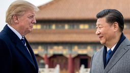 ARCHIVO - El presidente Donald Trump, a la izquierda, y el presidente de China, Xi Jinping, visitan la Ciudad Prohibida, en Beijing, China, el 8 de noviembre de 2017. (AP Foto/Andrew Harnik, Archivo)