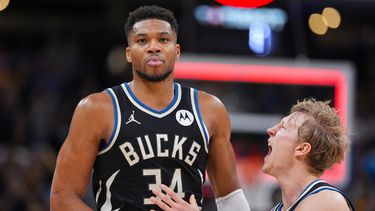 El alero de los Bucks de Milwaukee Giannis Antetokounmpo celebra con el base AJ Green tras conseguir la canasta de la victoria en un partido ante los Pacers de Indianápolis el lunes 3 de noviembre del 2025. (AP Foto/Michael Conroy)