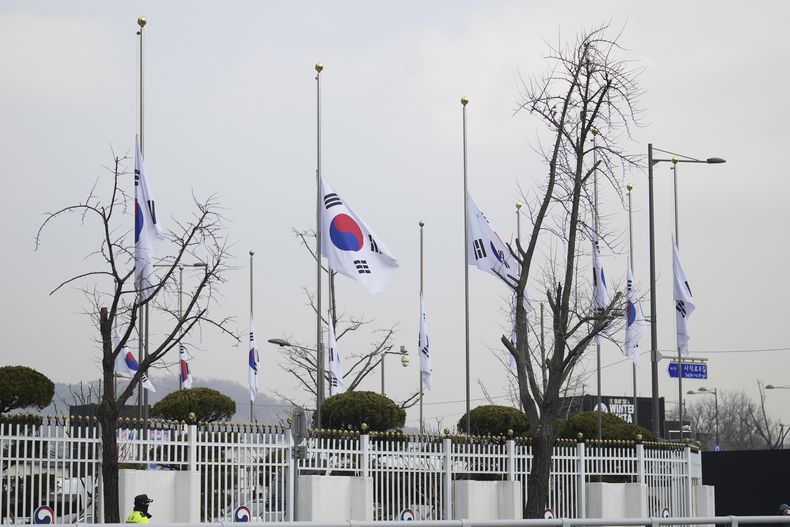 Banderas nacionales surcoreanas ondean a media asta en un complejo gubernamental en Seúl, Corea del Sur, el 30 de diciembre de 2024, al día siguiente de que un avión se saliera de la pista, chocara con un muro de concreto y estallara en llamas en un aeropuerto en la localidad de Muan. (AP Foto/Lee Jin-man)