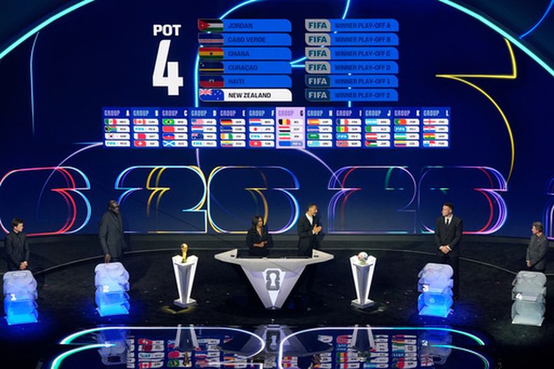 El exjugador de la NFL Tom Brady, el exjugador de la NBA Shaquille ONeal, la presentadora Samantha Johnson, el excapitán de Inglaterra Rio Ferdinand, el pelotero de los Yankees de Nueva York Aaron Judge y el exjugador de la NHL Wayne Gretzky en el sorteo a la Copa Mundial el viernes 5 de diciembre del 2025 en el Kennedy Center. (AP Foto/Alex Brandon)