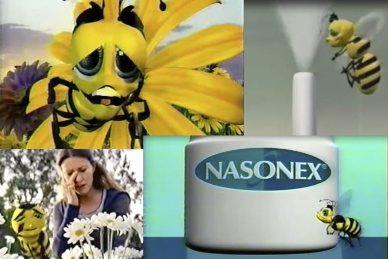 En esta combinación de imágenes de video aparecen escenas de comerciales de televisión del medicamento Nasonex, transmitidos en Estados Unidos en la década de 2000. (AP Photo)