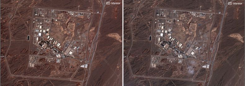 En esta combinación de imágenes satelitales proporcionadas por Vantor se muestra una vista de la instalación nuclear de Natanz antes, izquierda, y con daños, el lunes 2 de marzo de 2026 en Irán. (Imagen satelital ©2026 Vantor vía AP)