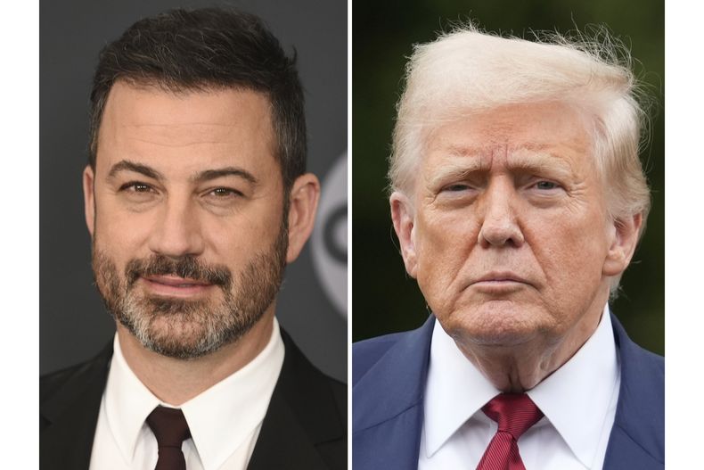Jimmy Kimmel en el upfront de Walt Disney Television en Nueva York el 14 de mayo de 2019, a la izquierda, y el presidente Donald Trump en el jardín sur de la Casa Blanca el 1 de agosto de 2025, en Washington. (Foto AP)