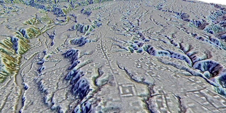 Esta imagen obtenida con la tecnología LiDAR proporcionada por investigadores en enero de 2024 muestra complejos de plataformas rectangulares colocadas para formar cuadrados y distrubuids a lo largo de caminos en el sitio de Kunguints, en el valle del Upano en Ecuador. (Antoine Dorison, Stéphen Rostain vía AP)
