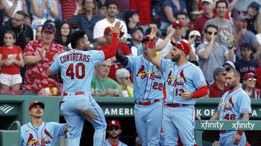 El venezolano Willson Contreras, de los Cardenales de San Luis, festeja con su compatriota Juan Yepez (13) y con Jack Flaherty (22) luego de anotar ante los Medias Rojas de Boston el sábado 13 de mayo de 2023 (AP Foto/Michael Dwyer)