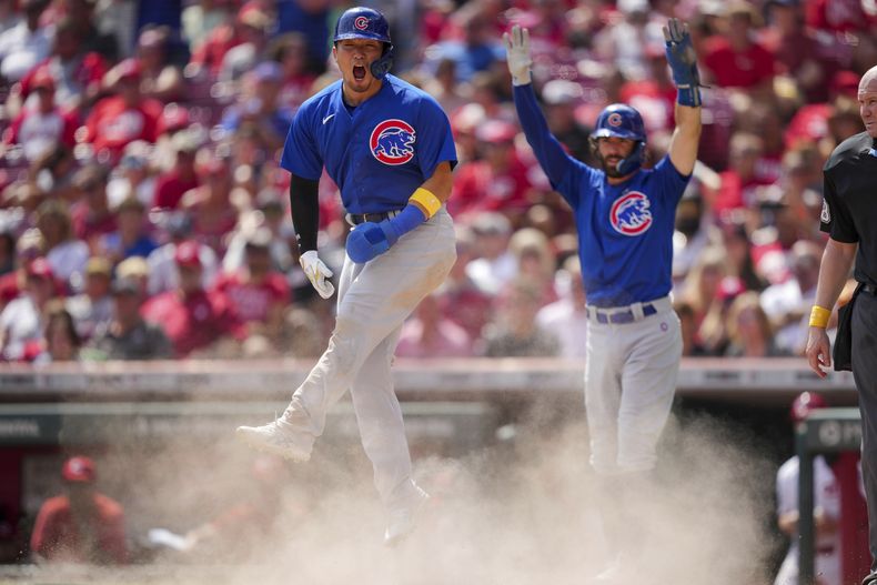 Seiya Suzuki de los Cachorros de Chicago celebra emocionado luego de anotar en un sencillo de Nick Madrigal durante la octava entrada del juego ante los Rojos de Cincinnati, en Cincinnati. Domingo 3 de septiembre de 2023. (AP Foto/Aaron Doster)
