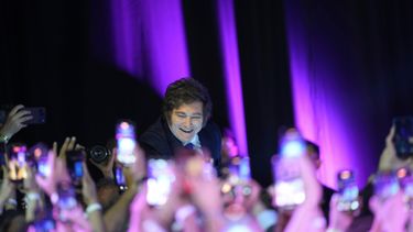 El presidente de Argentina, Javier Milei, sonríe a sus partidarios después de ganar en las elecciones legislativas de mitad de período en Buenos Aires, Argentina, el domingo 26 de octubre de 2025. (AP Foto/Rodrigo Abd)