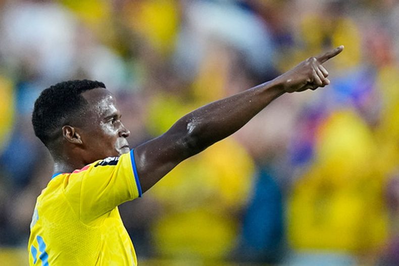 Jhon Arias, de Colombia, festeja su gol ante Ghana en los dieciseisavos de final de la Copa del Mundo, el viernes 3 de julio de 2026 (AP Foto/Charlie Riedel)