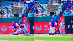 cartel contra el regimen cubano aparece en pleno juego del clasico mundial de beisbol en puerto rico