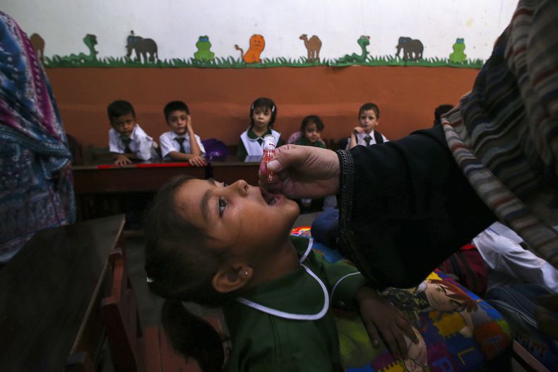 Una trabajadora sanitaria administra una vacuna contra la polio a un menor en una escuela de Peshawar, Pakistán, el lunes 9 de septiembre de 2024. (AP Foto/Muhammad Sajjad)