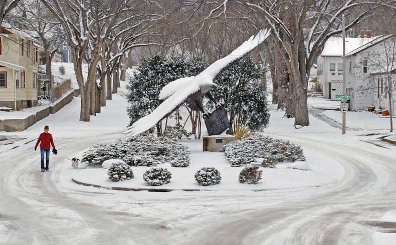 Una mujer camina a su perro en un parque en Bismarck, Dakota del Norte, al caer nieve por primera vez este invierno all&iacute;. (Foto AP/The Bismarck Tribune, Tom Stromme)
