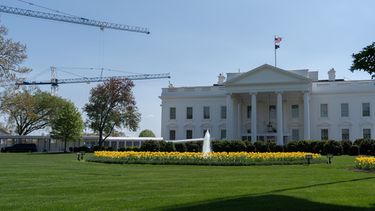 Grúas utilizadas para la construcción del nuevo salón de baile se observan en el exterior de la Casa Blanca, el sábado 4 de abril de 2026, en Washington. (Foto AP/Julia Demaree Nikhinson)