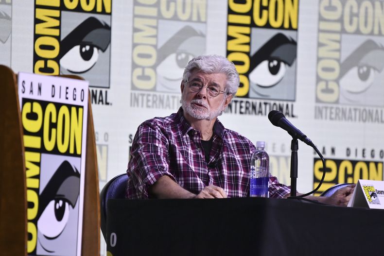 George Lucas durante el panel del Museo Lucas de Arte Narrativo durante la Comic-Con International, el domingo 27 de julio de 2025, en San Diego. (Foto de Richard Shotwell/Invision/AP)
