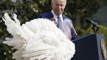 El presidente Joe Biden sonríe después de indultar a Liberty, uno de los dos pavos nacionales del Día de Acción de Gracias, durante una ceremonia en la Casa Blanca, el lunes 20 de noviembre de 2023, en Washington. (AP Foto/Susan Walsh)