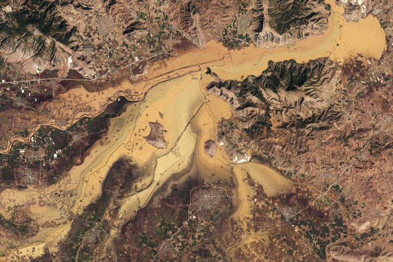 Foto satelital de las inundaciones en Palamas, región de Thessaly, en el centro de Grecia, el 10 de septiembre de 2023. (Planet Labs PBC vía AP)
