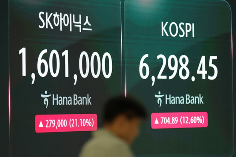 Un hombre pasa junto a las pantallas que muestran el índice bursátil KOSPI y el precio de las acciones de SK Hynix en una sala de operaciones del Hana Bank en Seúl, Corea del Sur, el viernes 31 de julio de 2026. (AP Foto/Lee Jin-man)