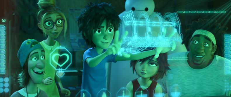 En esta imagen difundida por Disney, de izquierda a derecha, Fred (T.J. Miller), Honey Lemon (G&eacute;nesis Rodr&iacute;guez), Hiro Hamada (Ryan Potter), Baymax (Scott Adsit), GoGo Tomago (Jamie Chung) y Wasabi (Damon Wayans Jr.) en una escena de "B